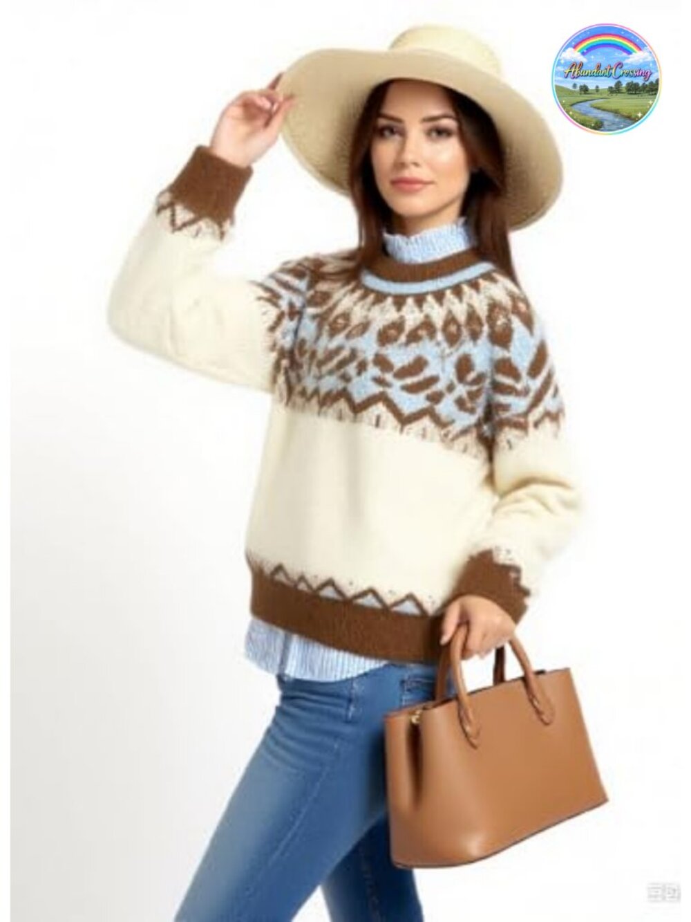 Fair Isle Crew Neck Pullover Sweater Long Sleeve Colorblock Knit Women's